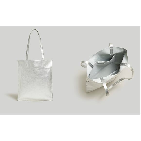 Madewell Silver The Magazine Leather Tote Bag Metallic Shoulder - Picture 10 of 10
